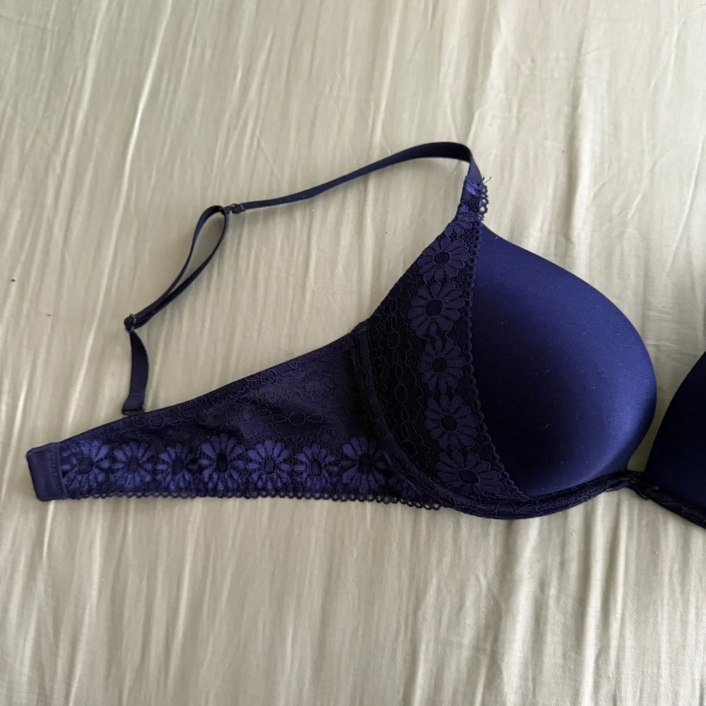 Navy Blue Floral Lace Push Up Bra 32C & Matching Cheeky Panties XS Daisy Set